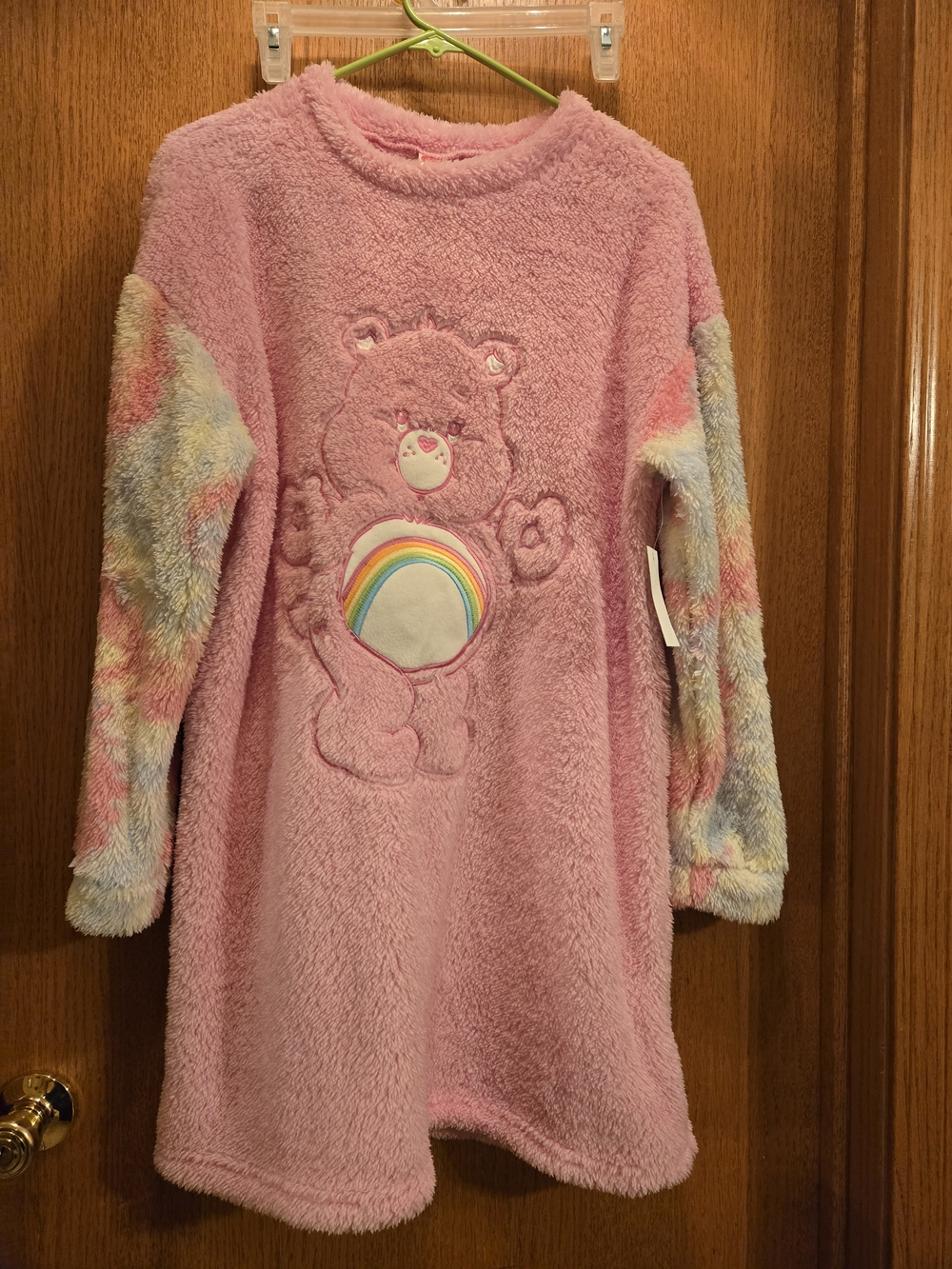 Kohl's Pink Fuzzy Care Bear Nightgown with Pastel Rainbow Sleeves